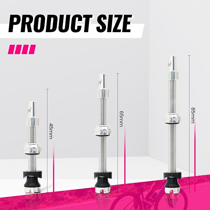 RideNow Tubeless Presta Valve Stems, 65mm Super Light 7075 Aluminum Alloy Presta Tubeless Valve Stem Kit with Valve Core Remover Tool and Valve Stem Caps, Multiple Color and Size Options(Pair), Silver