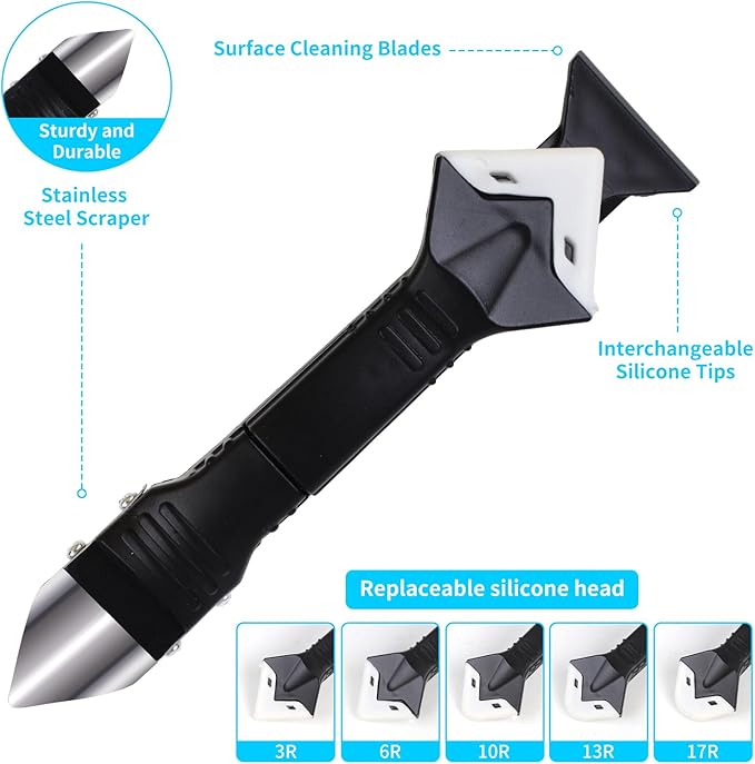 11Pcs Silicone Caulking Tools 3 in1 Grout Removal Tool(Stainless Steelhead)&Grout Remove Scraper,5 Silicone Replaceable Pads,4 Glass Glue Angle Scraper, Caulk Remover for Kitchen/Bathroom/Window/Joint