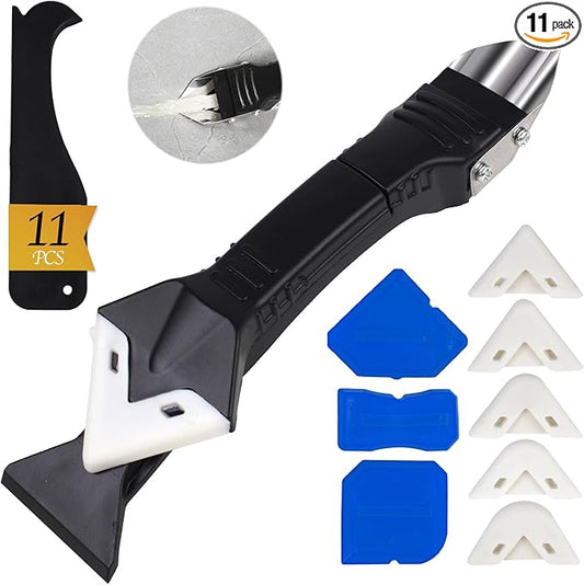 11Pcs Silicone Caulking Tools 3 in1 Grout Removal Tool(Stainless Steelhead)&Grout Remove Scraper,5 Silicone Replaceable Pads,4 Glass Glue Angle Scraper, Caulk Remover for Kitchen/Bathroom/Window/Joint