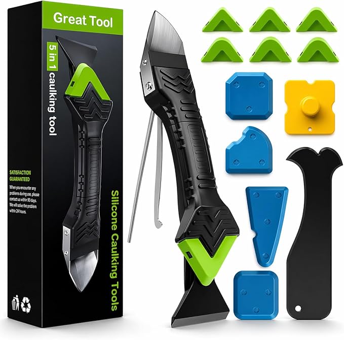 5-in-1 Silicone Caulking & Grout Tool Kit – Multi-Purpose Sealant Finisher with Grout Scraper, 6 Reusable Silicone Pads & Adhesive Removal for Kitchen, Bathroom & Window Seams