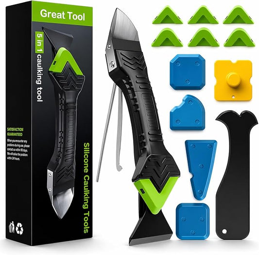 5-in-1 Silicone Caulking & Grout Tool Kit – Multi-Purpose Sealant Finisher with Grout Scraper, 6 Reusable Silicone Pads & Adhesive Removal for Kitchen, Bathroom & Window Seams