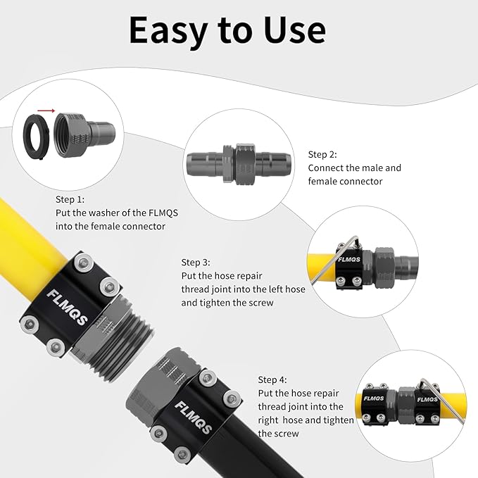 Garden Hose Repair Connector Kit with Clamps, Fits 3/4"Garden Hoses, Leak-Proof Male and Female Hose Adapter, 2 Sets Black