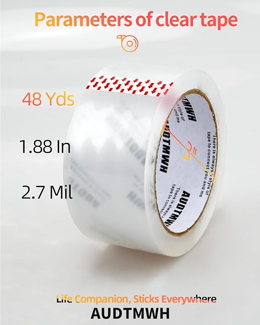 AUDTMWH Packing Tape with Dispenser, Clear, Heavy Duty Packaging Tape Designed for Moving, Packing, Shipping and Mailing, 1.88" x 48 Yds, 2 Rolls w/1 Dispenser