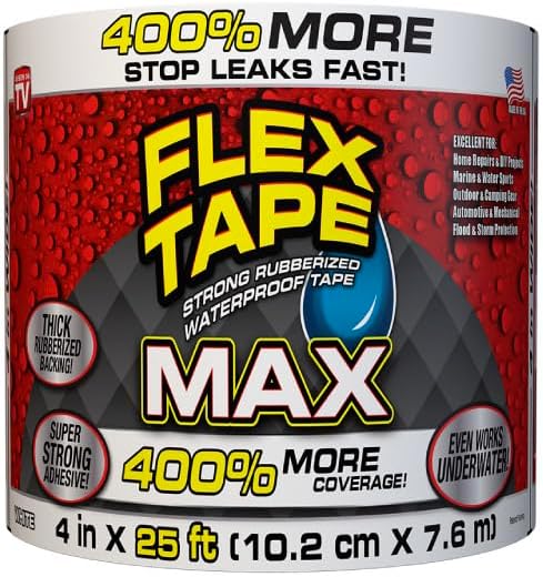 Flex Tape, MAX, Original Thick Flexible Rubberized Waterproof Tape - Seal and Patch Leaks, Works Underwater, Indoor Outdoor - Home RV Roof and Pool Repairs, White, 4 in x 25 ft, Pack of 1