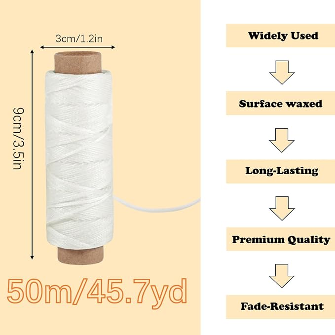 Leather Sewing Waxed, White Waxed Thread for Beginners Leather Craft DIY Supplies, Shoe Repairing, Jewelry Making (45.7Yards)