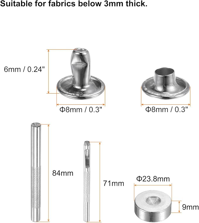 HARFINGTON 100 Sets Leather Rivets 6 x 8mm Metal Double Cap Rivet Snaps Studs Fasteners with 3pcs Setting Tools for Leather Craft DIY Repair Decoration, Silver Tone