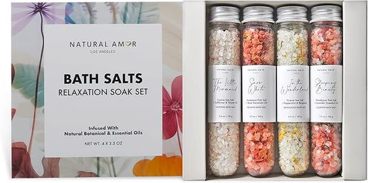 Natural Bath Salt Gift Set – 4-Pack Relaxing Soaks with Himalayan Pink Salt, Sea Salt, Essential Oils, Jojoba Oil & Dried Flowers – Spa Gift for Women & Self Care