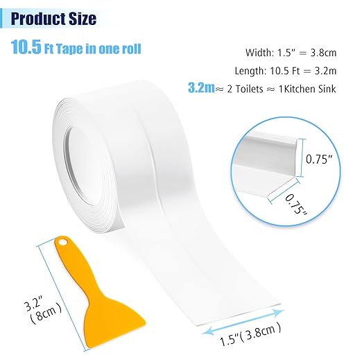 Waterproof Seal Caulk Strip Tape Self Adhesive for Sink Toilet Bathroom Wall Edge Bathtub Oil-Proof Caulking Sealing Tape 1.5" x 10.5' (W*L) 3Pcs White