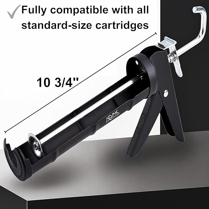 ADAK - Professional Caulking Gun, 10:1 Thrust Ratio, Caulking Gun No Drip, Hand Tool for Silicone & Sealant Application, Smooth Pressure Caulk Gun, Caulking Gun Tool (Whole Black)