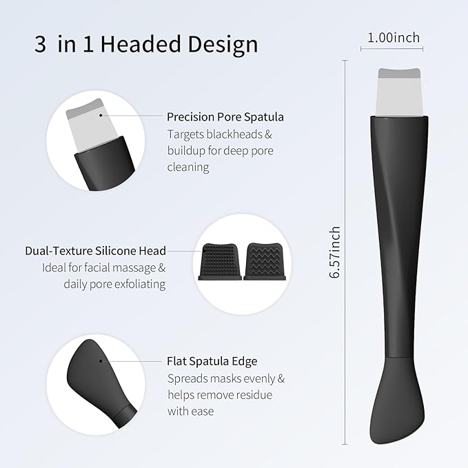 Blackhead Remover Tool, Stainless Steel Face Scraper, Skin Scrubber Face Spatula for Deep Cleansing, 3-in-1 Skin Care Tool with Blackhead Scraper, Mask Applicator & 2 Silicone Heads (Black)