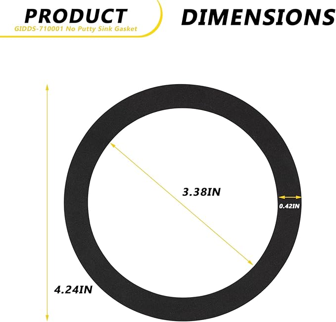 GIDDS-710001 No Putty Sink Gasket 3-3/8", Fits All Standard Drain Attachments,Self-Adhesive Kitchen Sink Drain Gasket Seal, Replaces Plumbers Putty for Sink Drain (2-Pack)