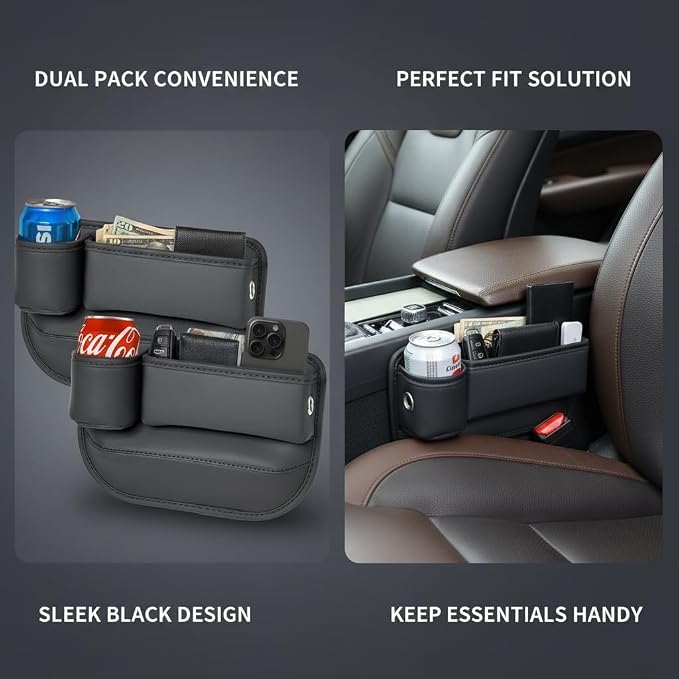 2-Pack Car Seat Gap Filler Organizer with Cup Holder - Premium Leather - Universal Fit - Keeps Phone/Wallets/Keys/Cans Organized (Driver & Passenger Side)
