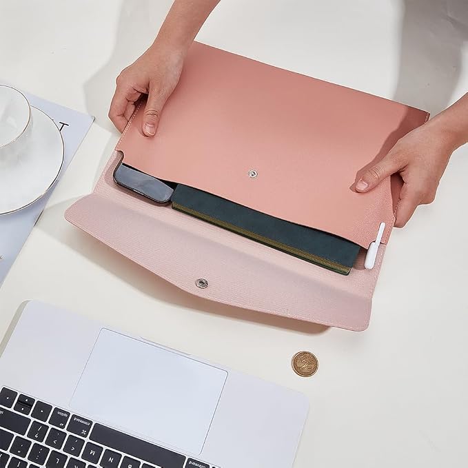 CRASPIRE PU Leather File Folder A4 Size Document Folder Travel Envelope Portfolio Case Bag File Sleeve Storage Organizer with Alloy Button Closure for Tablet Home School Office Stationery Light Salmon