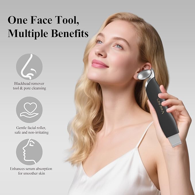 Blackhead Remover Tool with Ice Roller, Stainless Steel Face Scraper, Skin Scrubber Face Spatula for Deep Cleansing, 3-in-1 Skin Care Tool with 2 Silicone Brush Heads (Charcoal Black)