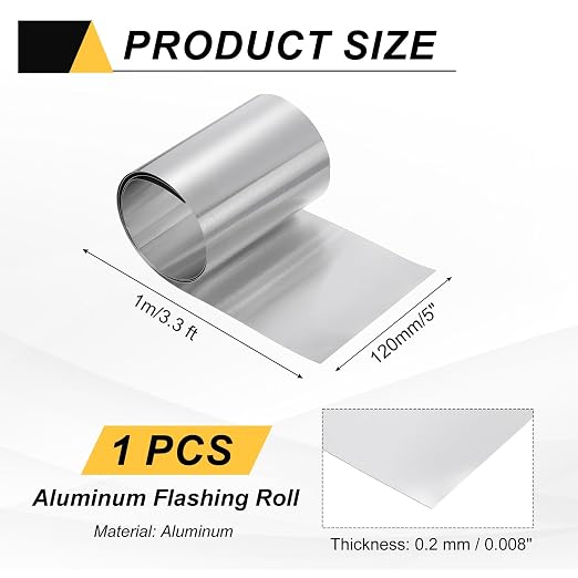 uxcell Aluminum Flashing Roll, 5in x 3.3ft Metal Roof Panels 0.2mm Waterproof Aluminum Sheet Roll for House Repair, Roof Flashing, Sealing Windows Doors, DIY Projects