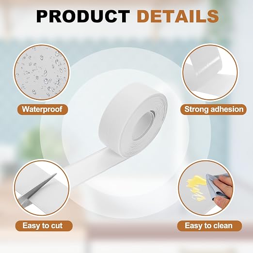 uxcell Caulk Tape Waterproof, 0.83 Inch x 10.5 ft Self-Adhesive Sealant Sealing Strip Caulking Sealant Tape PVC with Tool for Kitchen Sink Toilet Bathroom Bathtub Floor, White