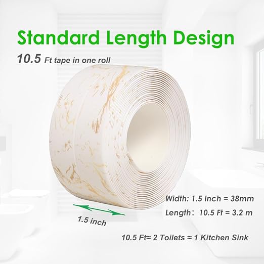 Kitchen & Bath Tape Caulk Strip, 1.5 Inch 10.5 Ft PVC Self Adhesive Waterproof Caulking Sealing Tape, Decorative Sealant Trim for Kitchen Sink Toilet Bathroom Shower and Bathtub (GoldCrack3.2M)