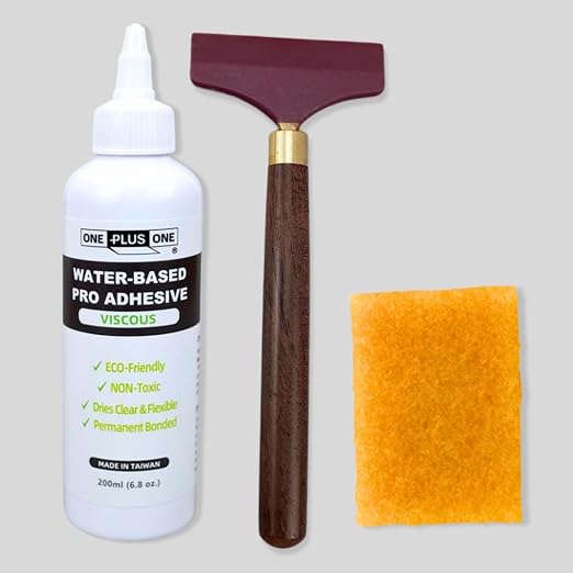 ONE Plus ONE Super Stick Set – 200ml Viscous Leather Adhesive with 6cm Glue Spreader & Adhesive Eraser, Strong Water-Based Glue for Leathercraft