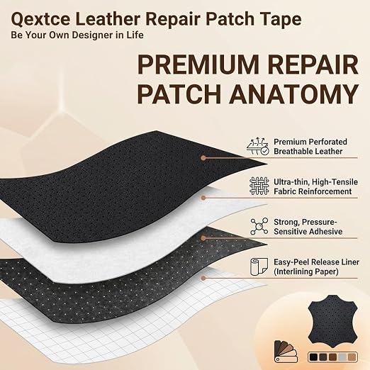 Qextce Perforated Leather Repair Patch Tape, Beige, 8x100 Inch | Breathable, Self-Adhesive, For Furniture, Couches, Car Seats, Office Chairs, Faux Leather & Vinyl Repair Kit