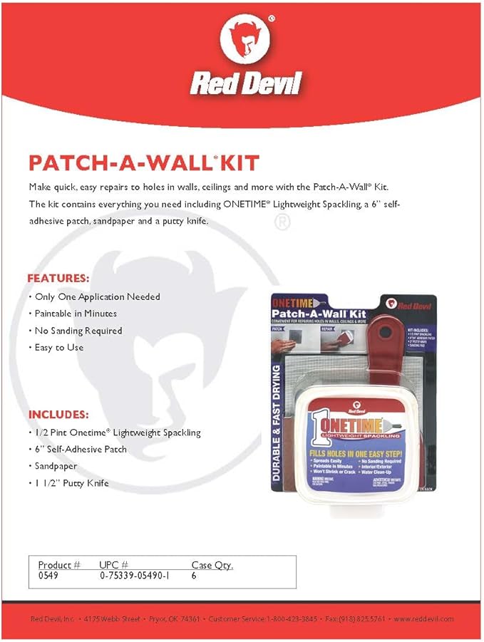 Red Devil 0549 ONETIME Lightweight Spackling Patch-A-Wall Kit, 1/2 Pint, Made in USA