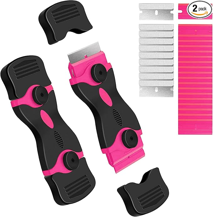DEKEones Razor Blade Scraper, 2 Pack Double Edged Razor blade Scraper Tool with 30 Pcs Razor Blades, Glass Scraper for Windows, Decals, Tint, Stickers, Labels, Caulk, Adhesive（Pink）