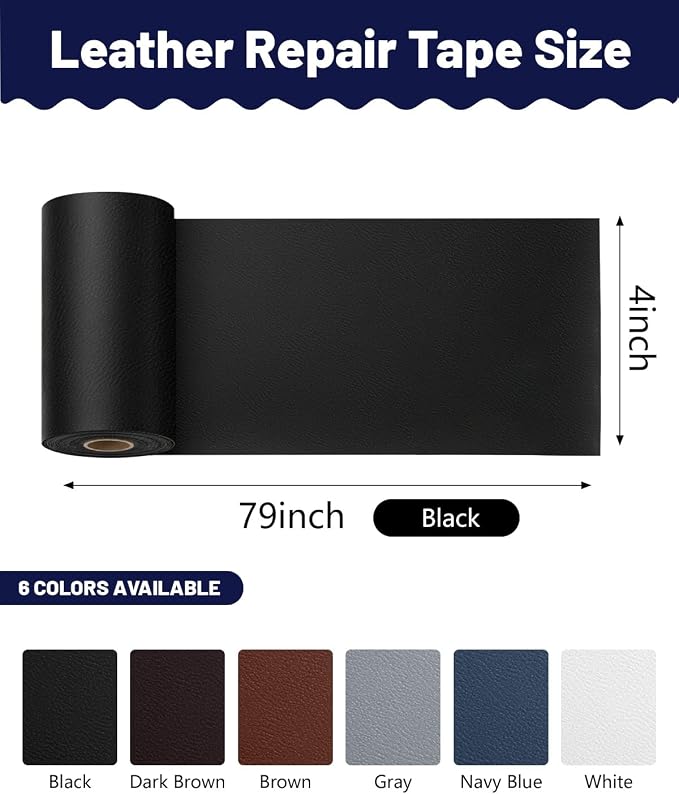 BOUYEER Leather Repair Patch Tape Kit,Self Adhesive Leather Repair for Sofa，Car Seat,Office Chair,Furniture,Jacket,Waterproof Strong Adhesive Vinyl Repair Kit. 4 in x 79 in,Fine Grained Black