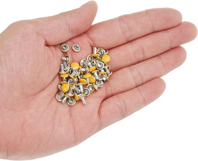 HARFINGTON 100 Sets Double Cap Leather Rivets, 6x6mm Round Cap Tubular Metal Studs Leather Crafting Rivets for Fabric Belt Pet Collar Boot Bag Repair and Decoration, Yellow