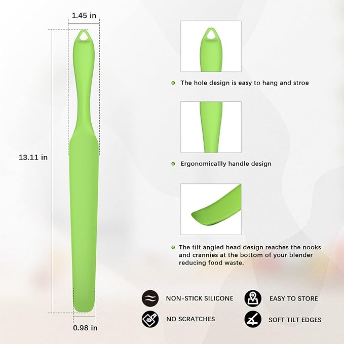 Silicone Blender Spatula for Blade Scraper - Easy to Reach Under Blender Blades and Edges, Silicone Rubber Grip with Hanging Holes Reusable (Green)