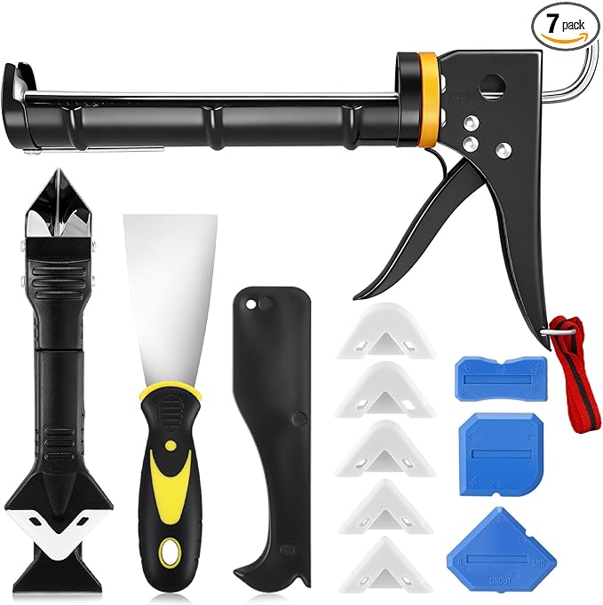 7 Pcs Professional Caulk Gun Kit with Caulk Removal Tool & Putty Knife 5 in 1 Caulking Tool Set for Caulking Removal Home Outdoor Kitchen Bathroom Repairs