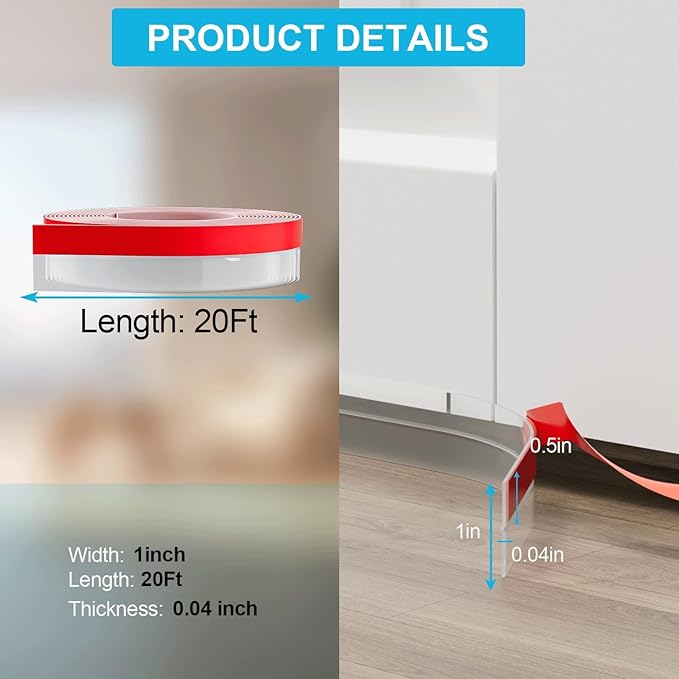 20FT Weather Stripping Door Seal, 1" Silicone Door Draft Seal Tape for Gaps Under Door - Weatherstripping Sweep Stopper for Shower Door & Sliding Glass Door