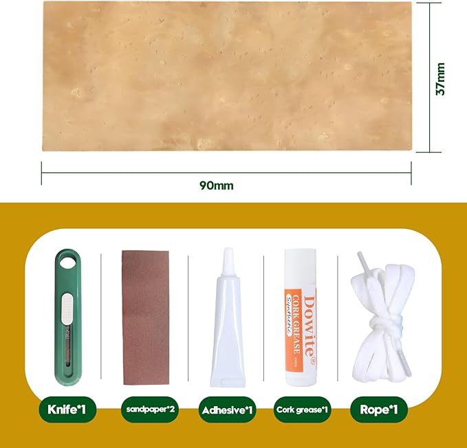 Clarinet Cork Replacement Kit with Adhesive & Grease, All-in-One Woodwind Instrument Neck Joint Repair Set, 3 Natural Corks (37x90mm), Knife, Sandpaper & Rope for Beginners