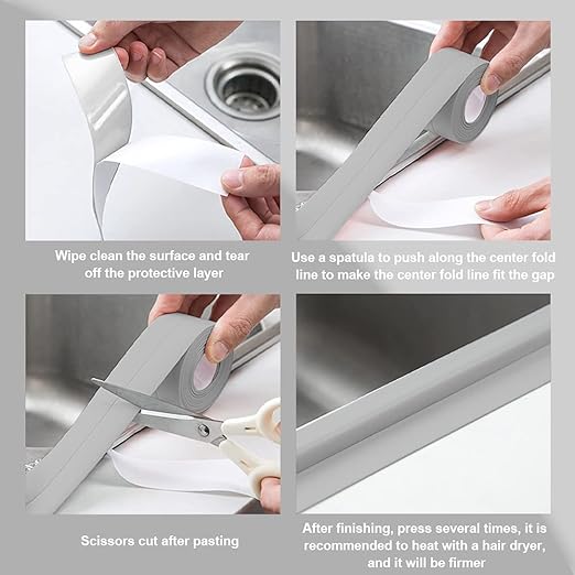 2 Pack Tape Caulk Strip PVC Self Adhesive, Waterproof Caulking Sealing Tape, Shower Floor Wall Edge Protector, Caulking Sealing Tape for Kitchen, Sink (Gray), White