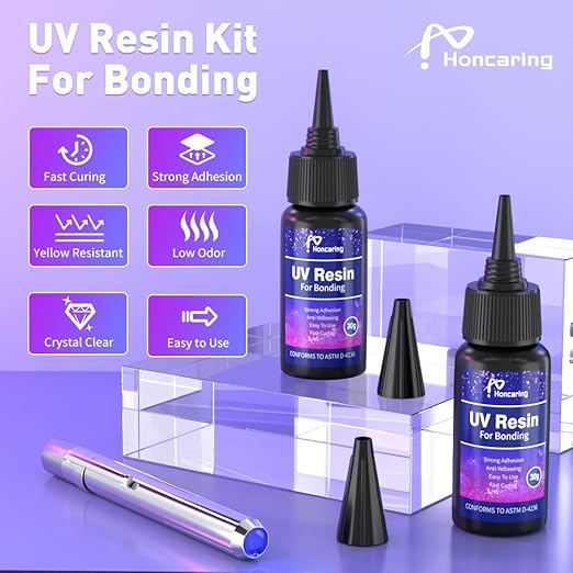 Honcaring UV Resin Kit with Light, 60g/2oz Fast Drying Beginner-Friendly Kit, Bonding & Repairing in Seconds, 30g*2 Clear UV Glue with UV Penlight for Resin, Plastic, Glass, Acrylic