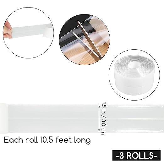 3 Rolls 1.5 Inch Caulk Tape Self Adhesive Toilet Caulking Strip Bathroom Sealing Caulk Strip Peel and Stick Bathtub Caulking Tape, 10.5 Feet Each Roll (Clear)