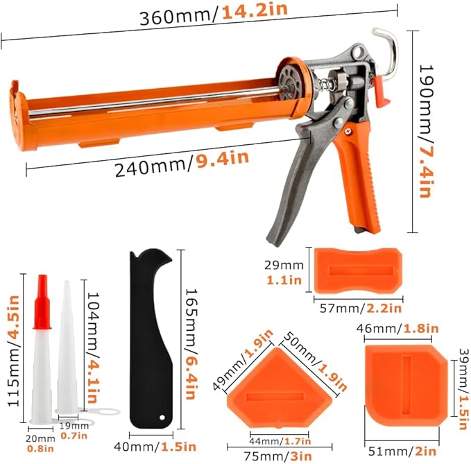 Caulk Gun and Caulk Scraper Kit, Caulking Gun with Caul-k Remover Tool, Sealant Finishing Tool Grout Scraper for Caulking/Filling/Sealing(COLOR:Orange)