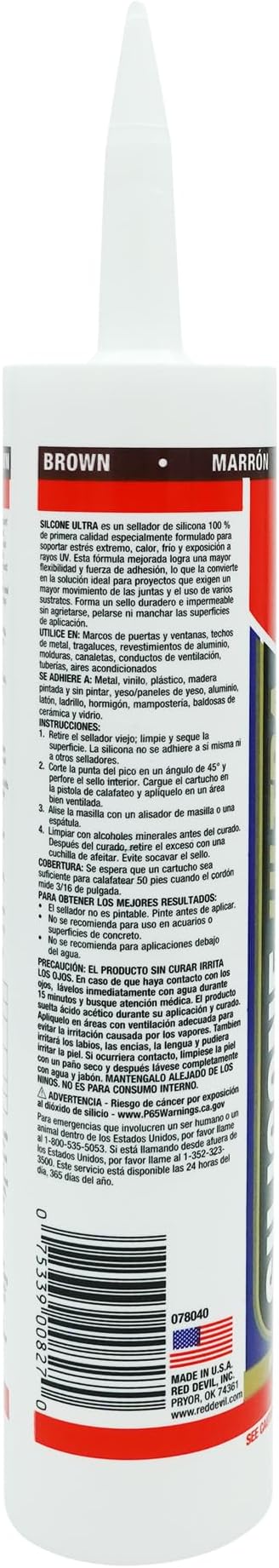 Red Devil 078040 Silicone Ultra 100% RTV Silicone Sealant, 10.1 oz., Brown, 1 Pack