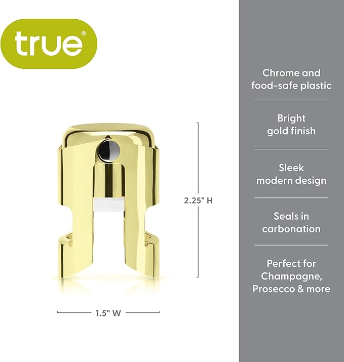 True Fizz Champagne Stoppers for Bottles, Sparkling Wine Stopper, Wine Accessories Kitchen Accessory, Gold Set of 1