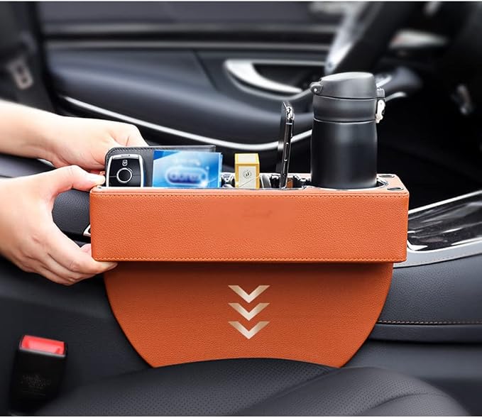 PU Leather Car Seat Gap Filler,Universal Car Seat Organizer Multifunctional Car Cup Holder Gap Filler Storage Box Console Side Pocket Car Organizer for Phones Sunglasses,USB Style,Brown