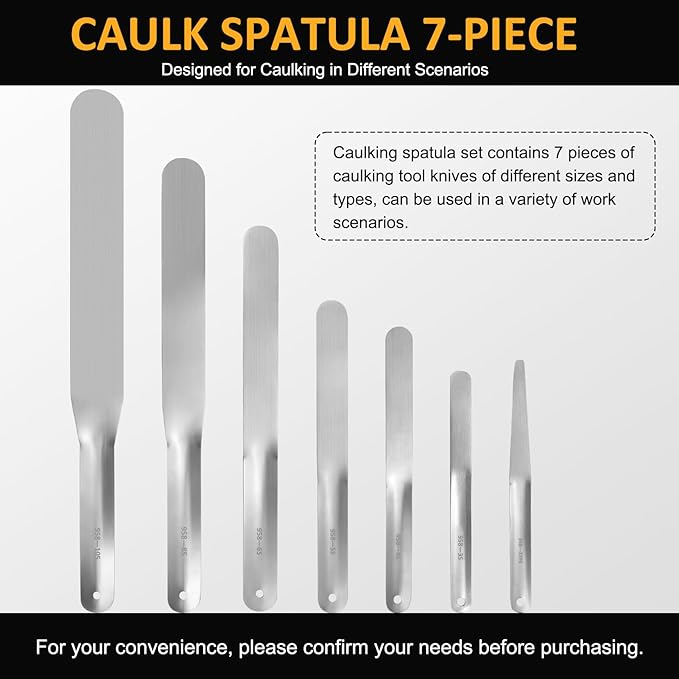 958-G01 Caulking Spatula Set, Multi-Purpose Caulking Tooling 7-Piece, Stainless Steel Circular Fixed Caulking Knife Set, Widths from 3/8” to 1-1/2”, Easy to Handle Spatula Set