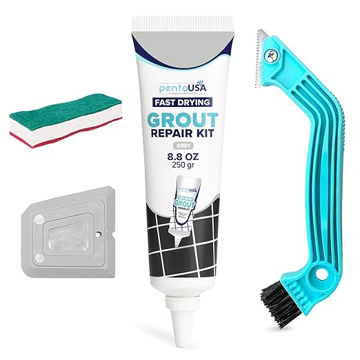 PentaUSA Tile Grout Repair Kit with Removal Tool - Premixed Acrylic Sanded Grout Filler for Bathroom, Shower, and Kitchen, Includes Applicator Spatula, and Sponge - (Gray) (8.8oz / 250g)