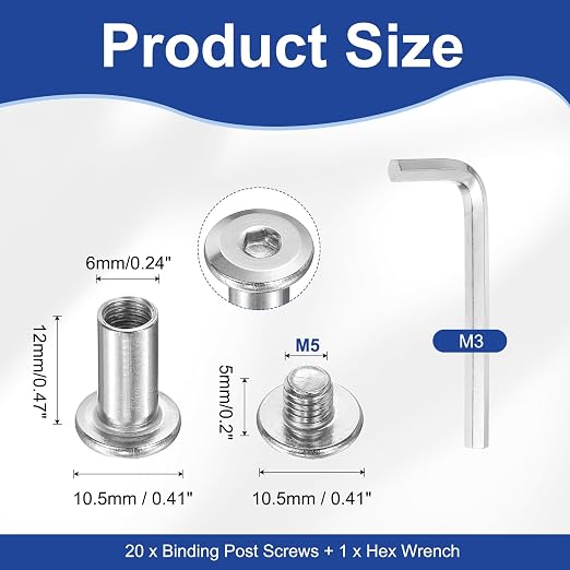 PATIKIL M5x5mm Hex Chicago Screws 6x12mm, 20Pcs 304 Stainless Steel Metric Hex Drive Socket Cap Binding Post Screw Posts for Scrapbook Leather Belt Album Furniture Repair, Silver