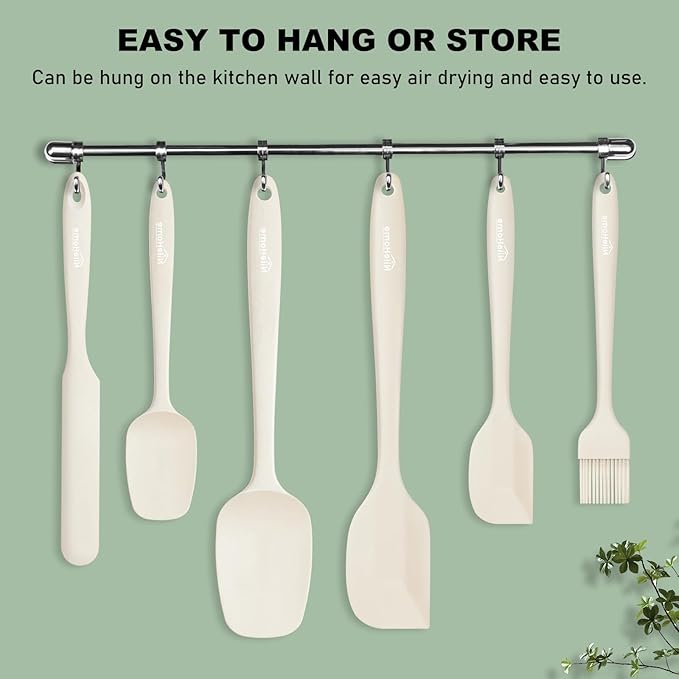 NileHome Silicone Spatula Set, 6 Pieces Food Grade Kitchen Utensils with Silicone Brush Heat Resistant Dishwasher Safe BPA-Free Rubber Spatula for Scraping, Baking, Cooking, Mixing-Ivory