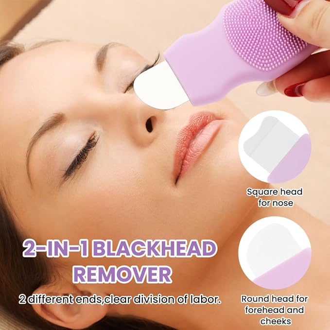 Blackhead Remover Tool for Face and Nose, 2 in 1 Silicone Face Cleansing Brush and Stainless Steel Blackhead Scraper Spatula, Mask Applicator for Men and Women(Purple)