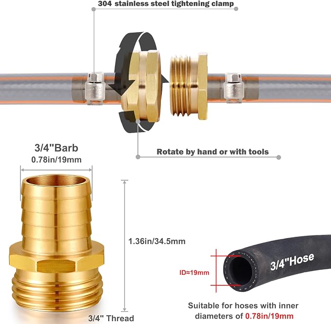 Solid Brass Garden Hose Repair kit Connector with Stainless Steel Clamps, Male Adapter/Female Garden Hose Swivel Fitting… (3/4" Barb x 3/4" Male -2 Sets)