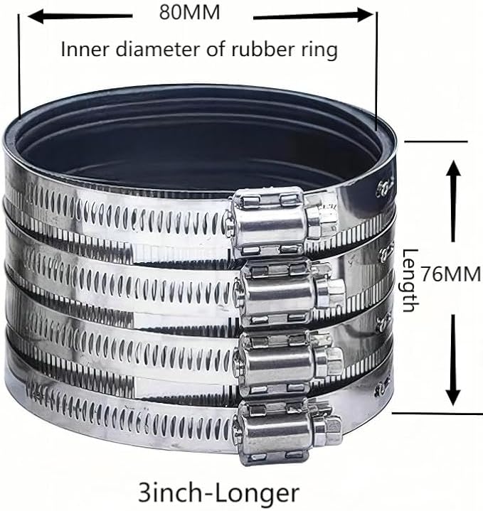 Flexible pipe Coupling with Stainless Steel Clamps.Pipe Connector for PVC and Metal Pipes (3inch-Longer)