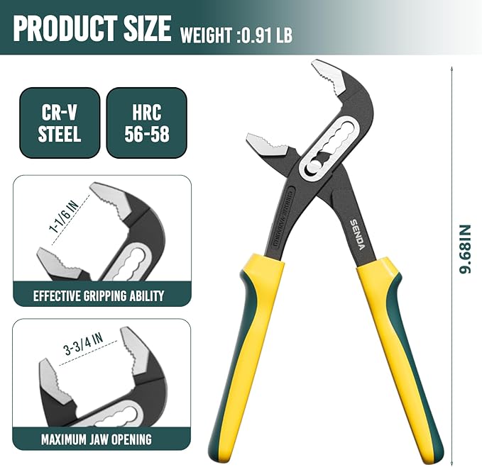 SENDA 10-Inch Water Pump Pliers, 7 Jaw Positions Adjustable Groove Joint Pliers, Premium CRV Steel with 3.75" Jaw Capacity for Plumbing & Industrial Use