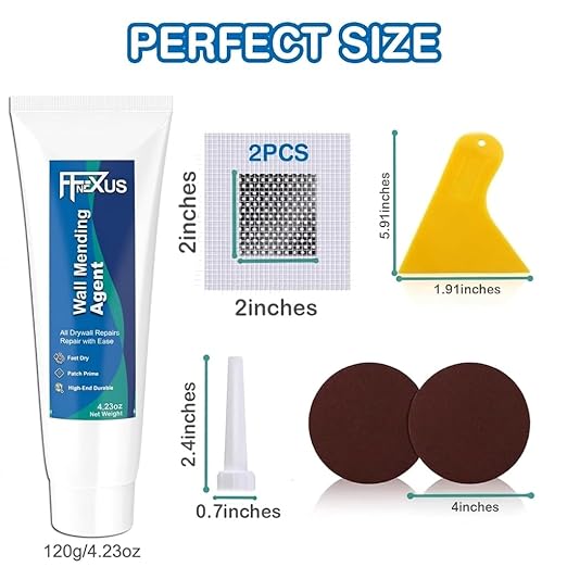 Drywall Repair Kit – 4.23 oz Fast-Dry Putty Tube with 2 × 2″ Wall Patch Mesh, Scraper & 2 × P180 Sandpapers | Quick-Dry Spackle & Sheetrock Crack Filler for Wall, Ceiling & Plaster Hole Repair