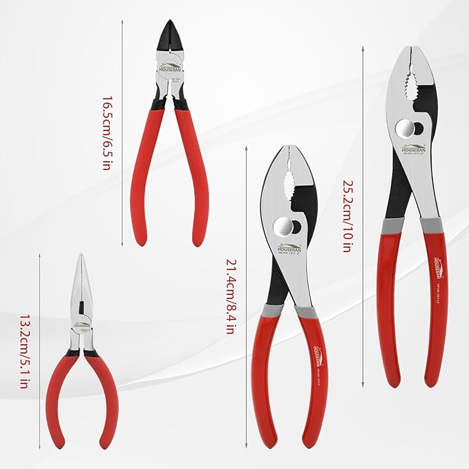 4 PCS Pliers Set with 6 Inch Wire Cutter, 5 Inch Needle Cose plier, and 8 Inch & 10 Inch Groove Joint Pliers, Hand Tool Kit for Home Repair, DIY, Automotive, Plumbing