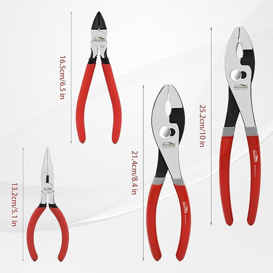 4 PCS Pliers Set with 6 Inch Wire Cutter, 5 Inch Needle Cose plier, and 8 Inch & 10 Inch Groove Joint Pliers, Hand Tool Kit for Home Repair, DIY, Automotive, Plumbing