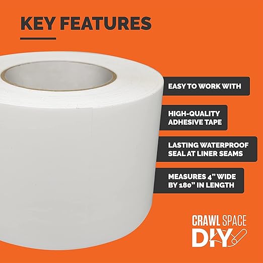 Crawlspace-DIY Vapor Barrier Tape, 12 Mil Easy-to-Use Polyethylene Moisture Vapor Barrier Seam Tape for Crawl Space, Repairs, Underlayment, Waterproof, 4" x 180', 3 Rolls
